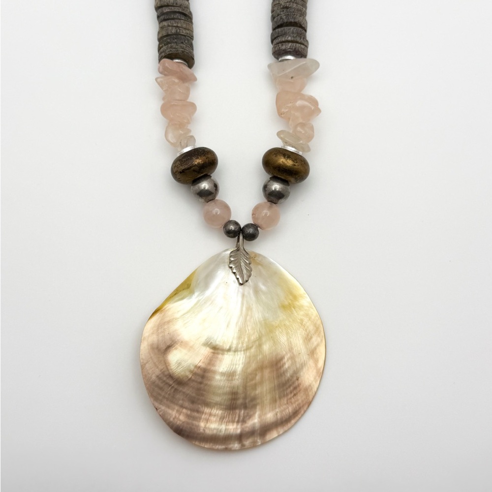 Elegant Natural MOP Shell Pendant Necklace w/ Rose Quartz Stone Beads BOHO